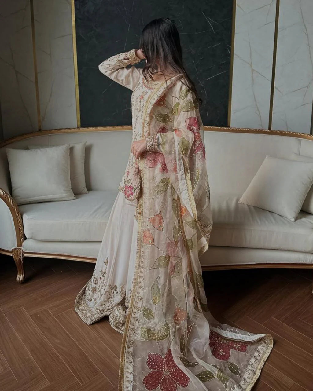 Cream Chinon Silk Embroidery Work Sharara Suit With Premium Dupatta