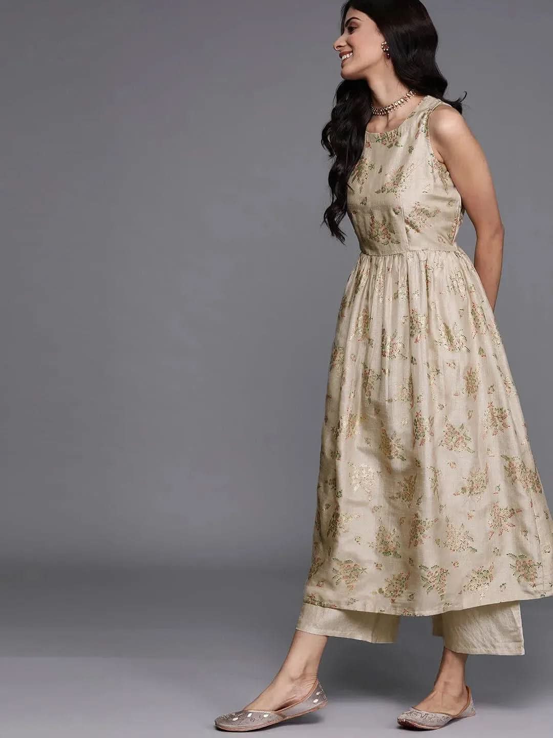 Silk Blend A-Line Kurta Set with Printed Beige Fabric, Palazzo Pants, and Matching Dupatta