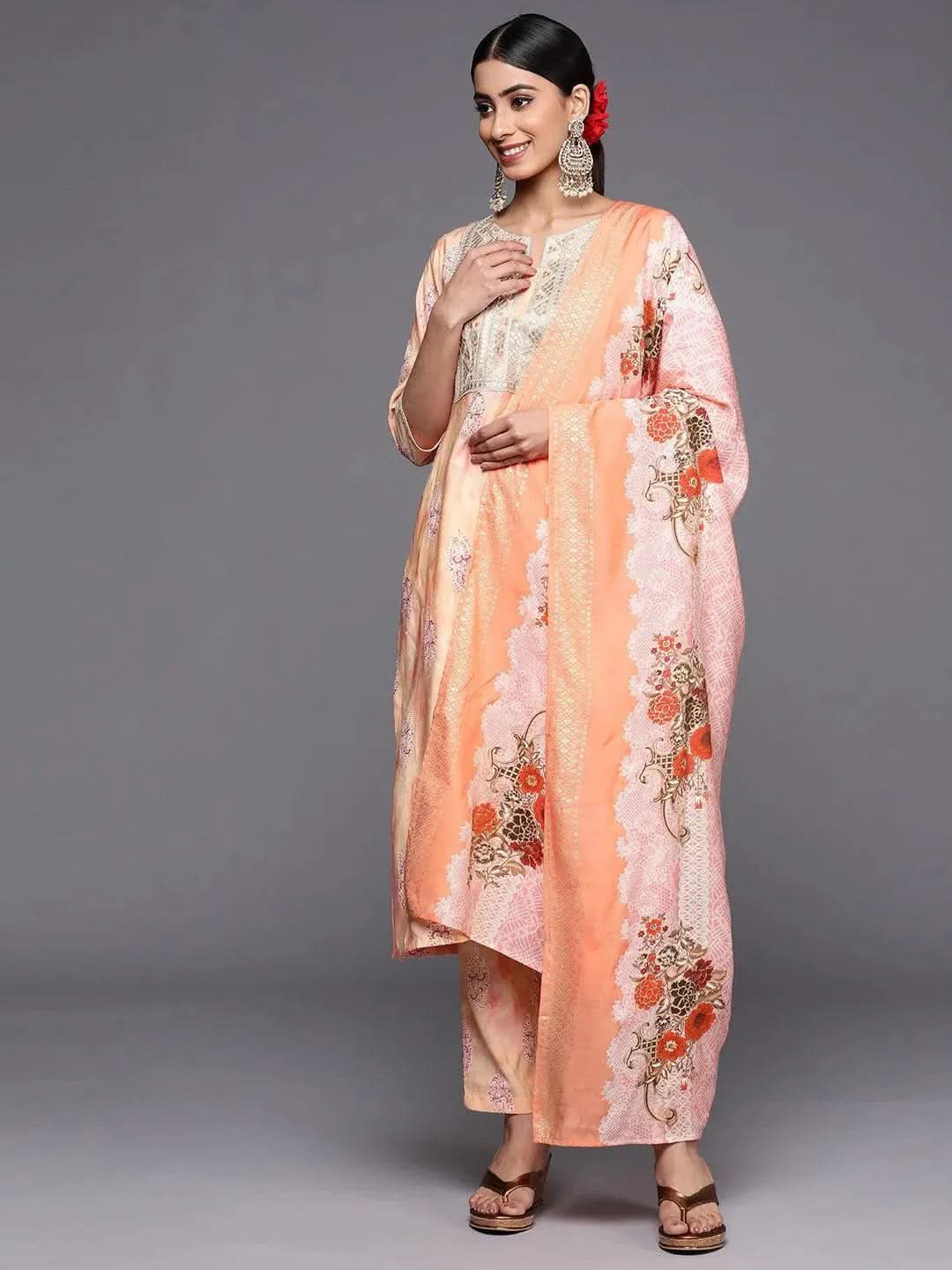 Pakistani Silk Blend Suit with Peach Yoke Embroidered Design