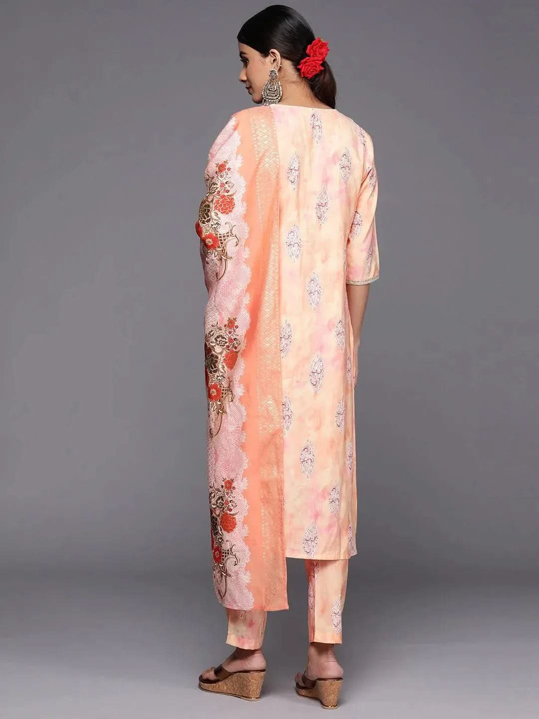 Pakistani Silk Blend Suit with Peach Yoke Embroidered Design