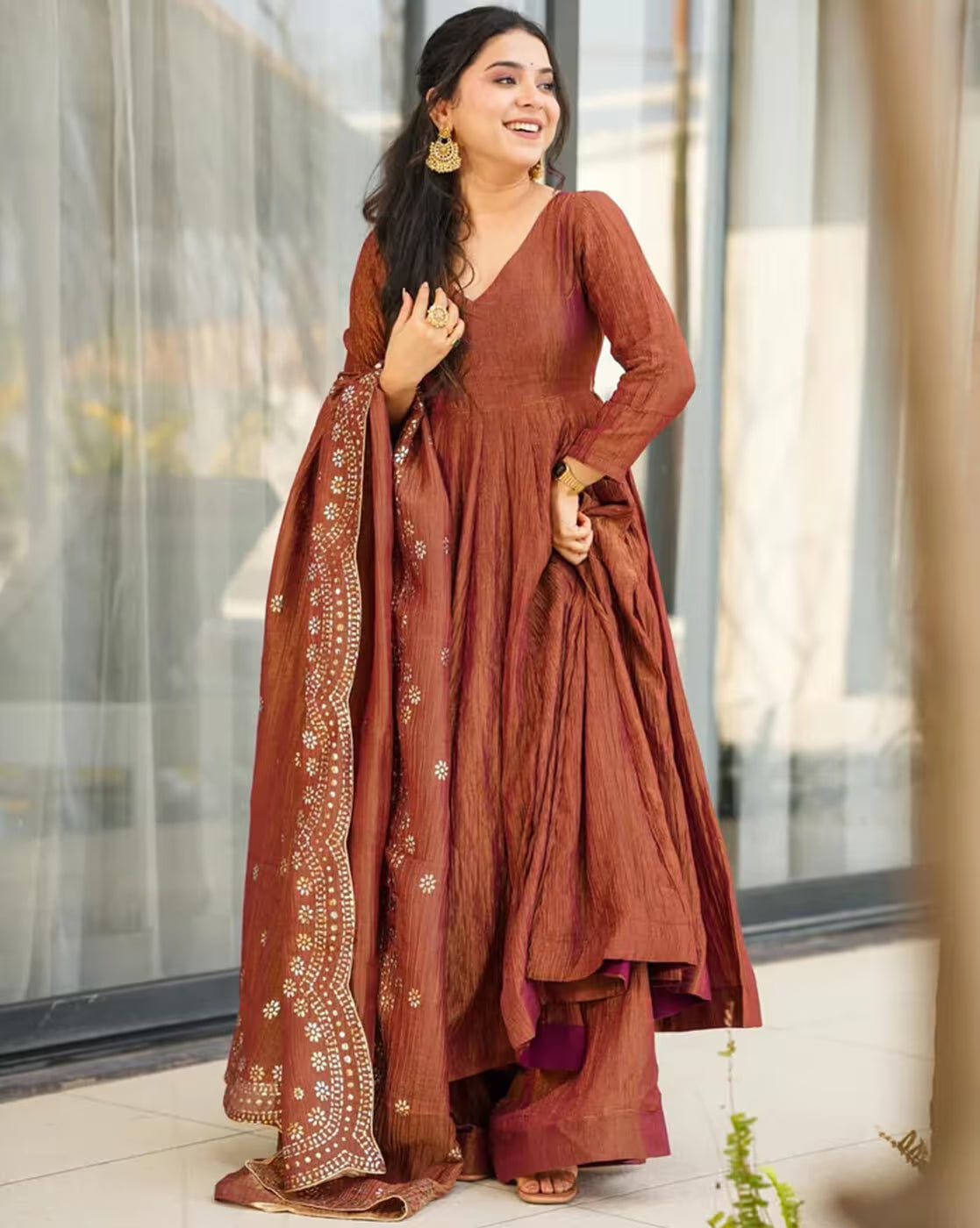 Women Chanderi Anarkali Kurta Set