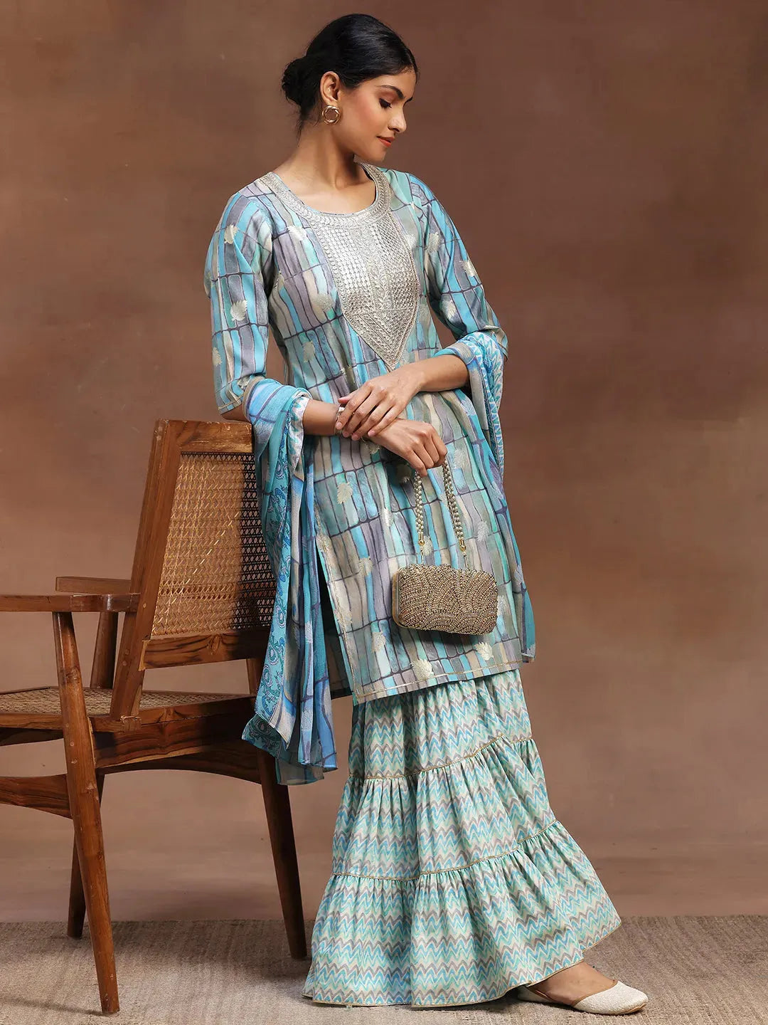 Silk Blend Straight Suit Set with Blue Print Design and Matching Dupatta