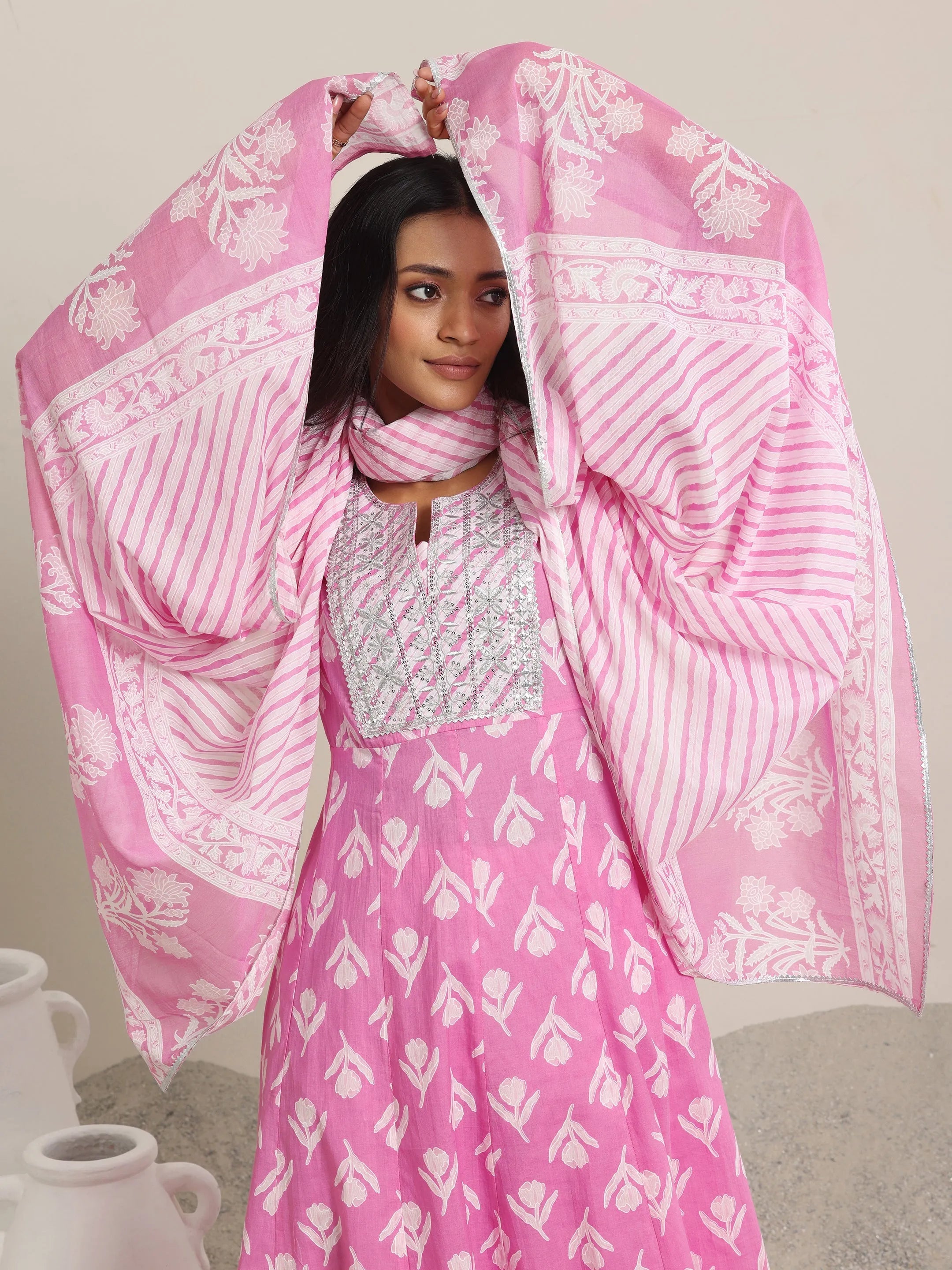 Traditional Pink Cotton Anarkali Suit with Matching Dupatta