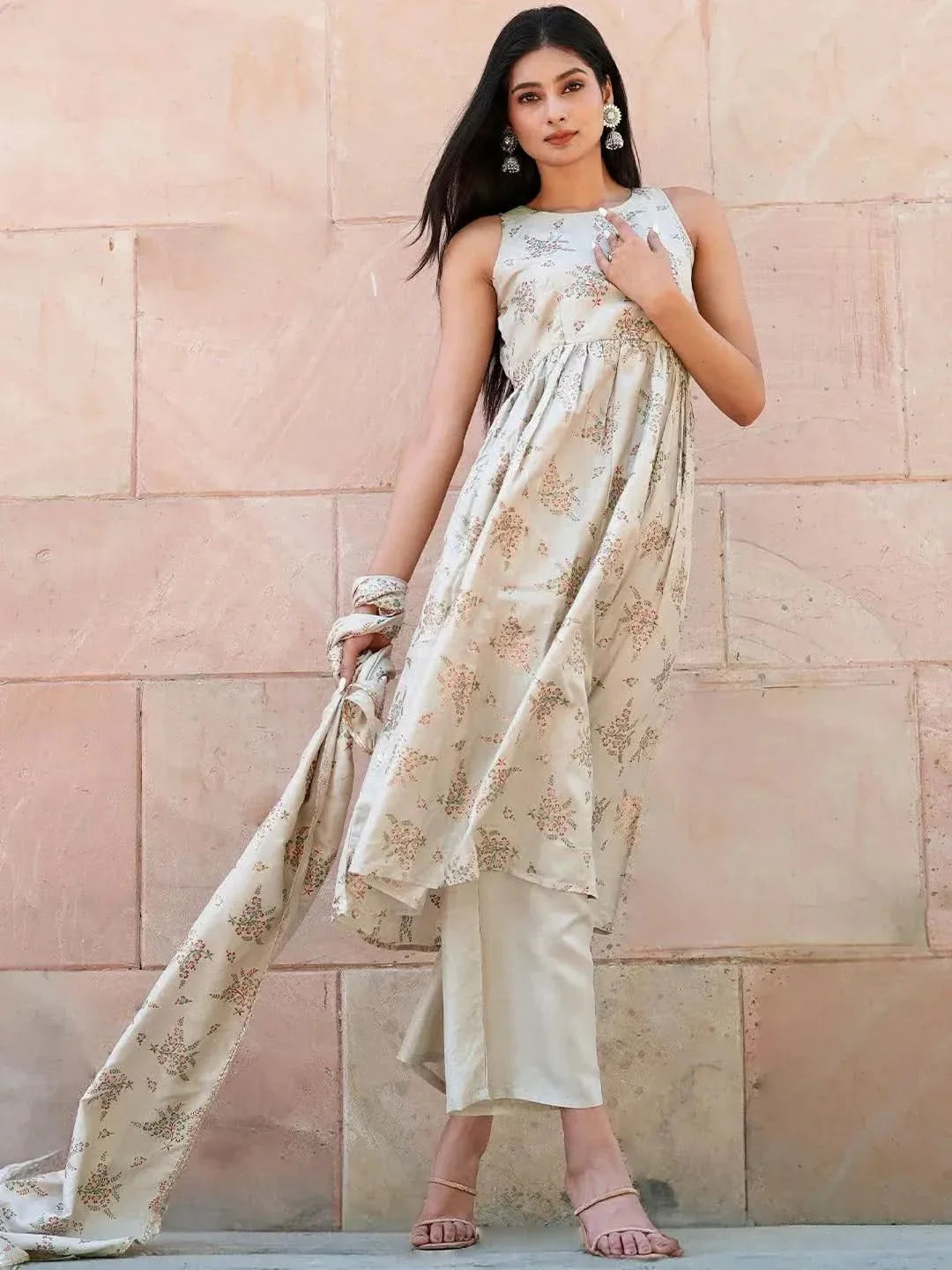 Silk Blend A-Line Kurta Set with Printed Beige Fabric, Palazzo Pants, and Matching Dupatta