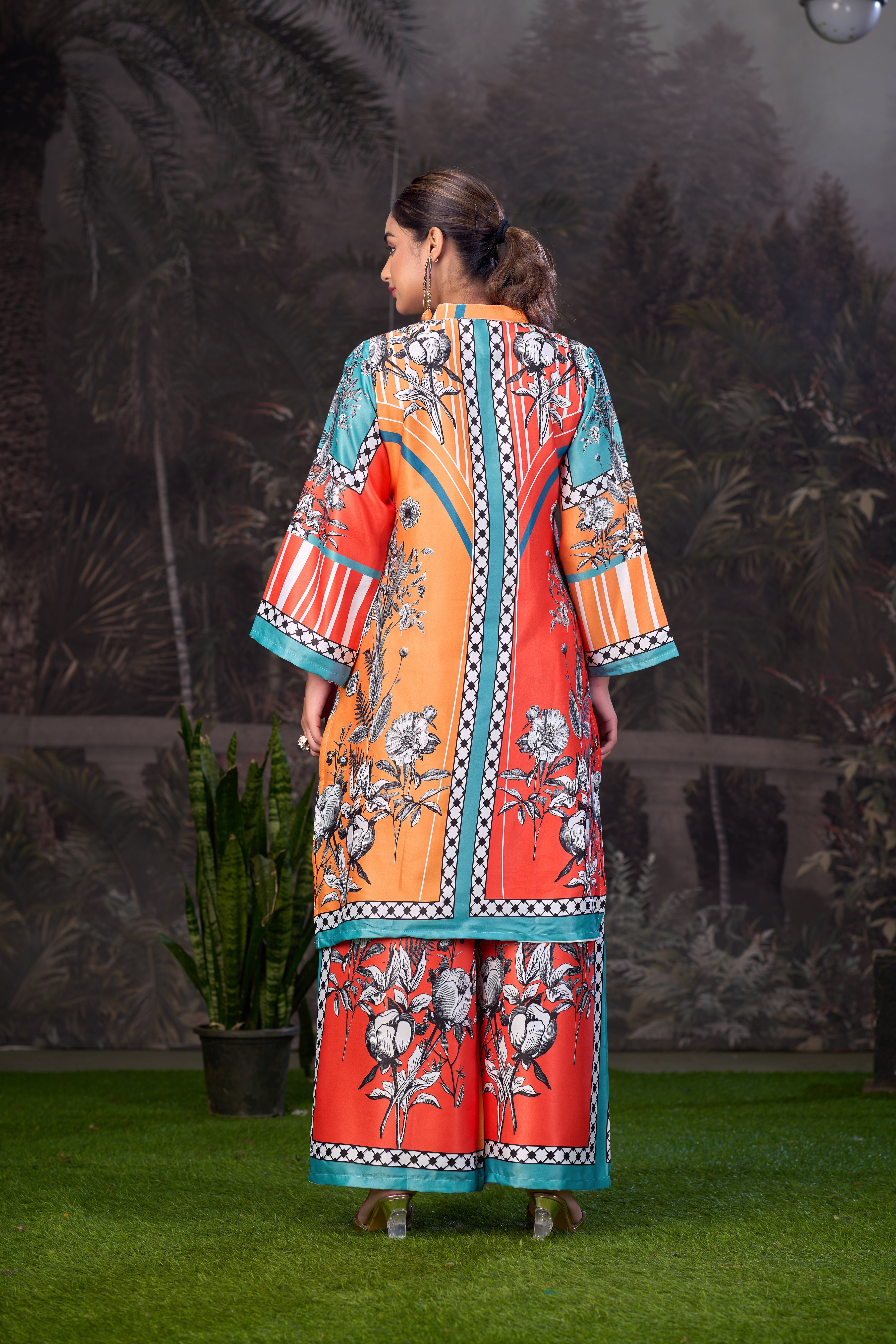 Yellow Orange Printed Turkish Modal Satin Silk Co-Ord Set