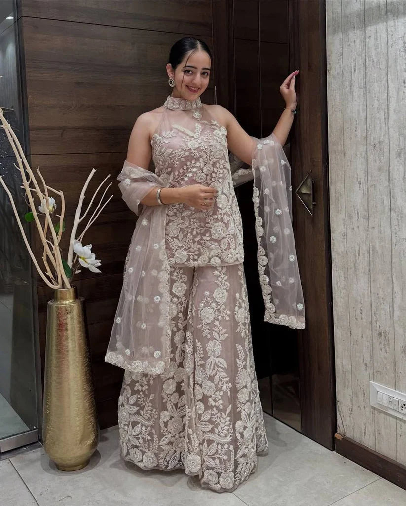 HALTER NECK KURTA AND PLAZZO SET WITH DUPATTA